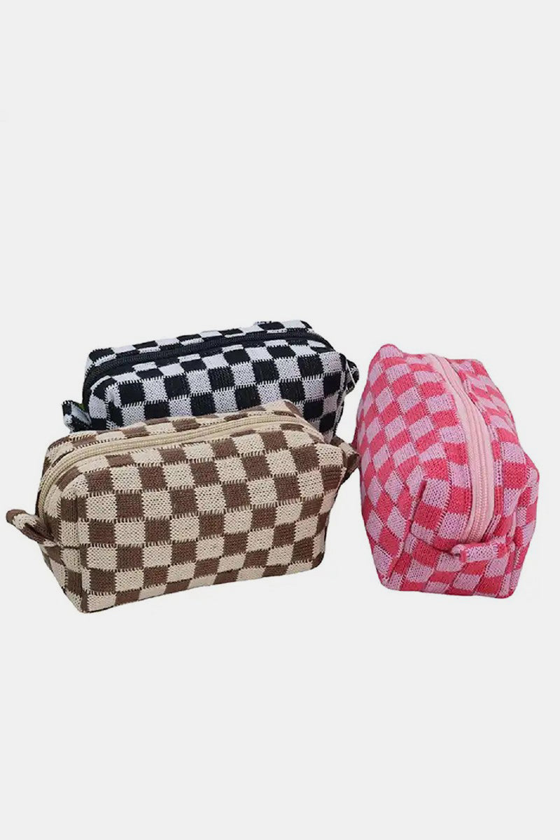 Checkered Pattern Knitted Cosmetic Pouch