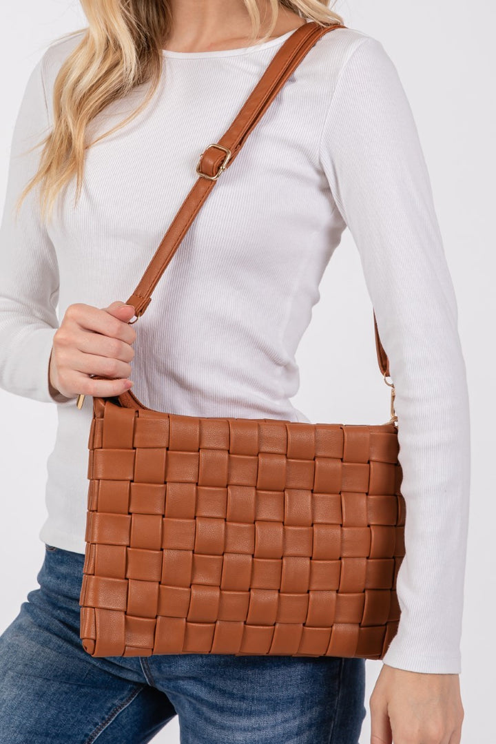 Leather Basket Weave  Crossbody Bag