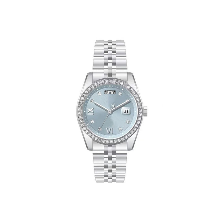 Silver watch with a light blue face on a white background
