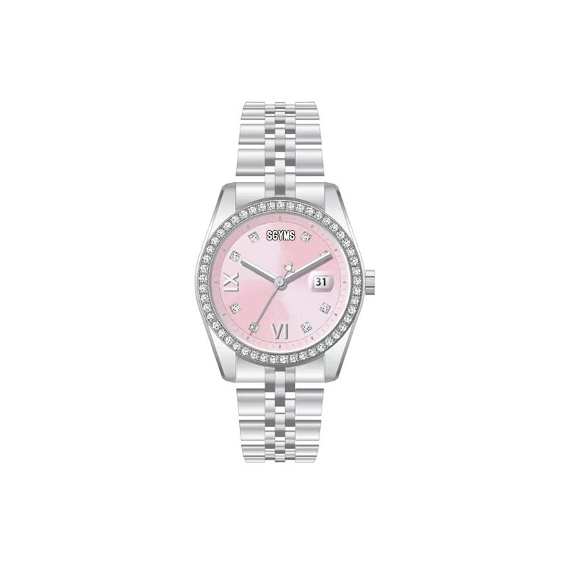 Silver watch with a pink face on a white background