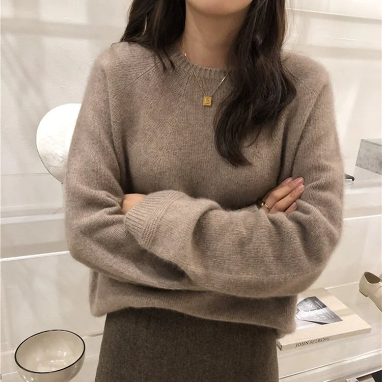 Basic Woolen Loose Round Neck Sweater For Women