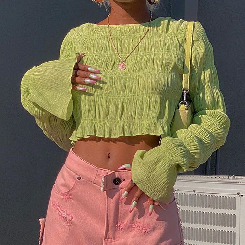 Pleated Green Crop Top